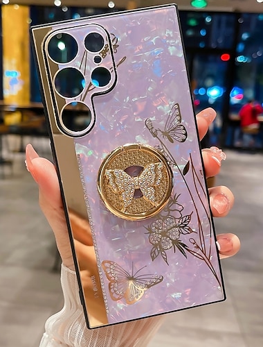  Handy Hülle Handyhüllen Für Samsung Galaxy S25 S24 S23 S22 S21 FE S21 Ultra Plus S20 A52 Rückseite Stoßrahmen Strass Ringhalter Schmetterling Glitzernd Blume TPU PC