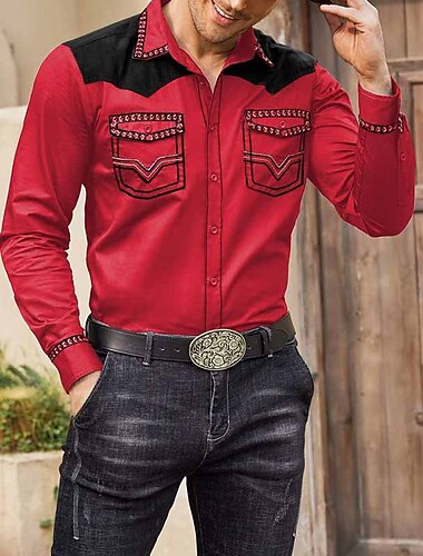  Voor heren Grafische prints Cowboy Overhemd Westers overhemd Cowboyshirt Lange mouw Modieus Streetwear Ontwerper Buiten Dagelijks Herfst winter Strijkijzer Afdrukken Rood