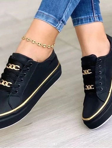  Schwarze Schnürsneaker für Damen mit goldenem Kettendetail – lässige Modeschuhe für jeden Tag