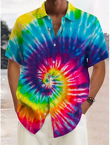  Voor heren Tie Dye Overhemd Overhemd met knopen Korte mouw Tropisch Modieus Streetwear Straat Dagelijks Uitgaan Zomer Lente Strijkijzer Afdrukken Button-omlaag Paars Fuchsia Bruin Groen White + White