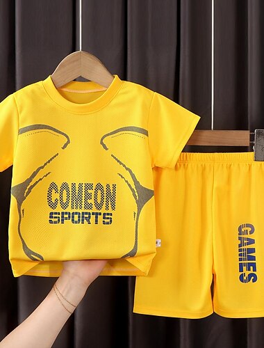  2 Stück kinderkleidung Jungen T-Shirt & Shorts Outfit Buchstabe Kurzarm Rundhalsausschnitt Baumwolle Set Casual Cool Täglich Sommer Frühling 7-13 Jahre Schwarz Weiß Gelb