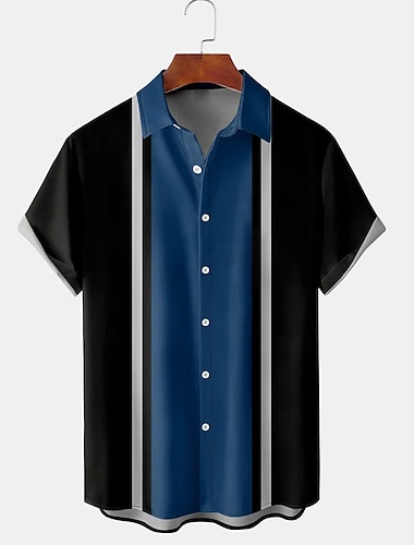  男性用 シャツ ボーリングシャツ ボタンアップシャツ サマーシャツ カジュアルシャツ ブルー パープル グリーン ライトグレー グレー 半袖 カラーブロック 折襟 ストリート 日常 フロントポケット 衣類 ファッション 1950年代風 カジュアル 快適