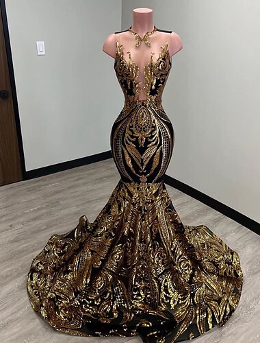  Robe de soirée sirène noire en sequins élégante robe carnaval formelle traîne de cour sans manches décolleté illusion afro-américaine robe de déguisement 2025