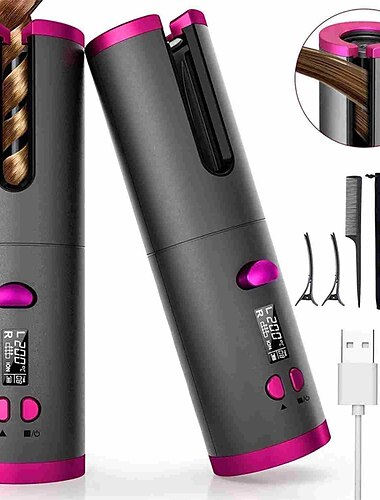  Rizador de pelo automático inalámbrico, rizador automático con pantalla LCD, temperatura ajustable & Varita rizadora de barril de cerámica giratoria recargable portátil con temporizador, calentamiento