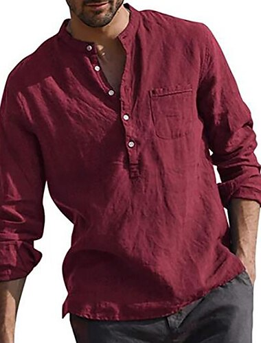  Voor heren linnen overhemd Overhemd met bandkraag Zomer overhemd Strand Kleding Effen Kleur Dagelijks Hawaii Zwart Wit Wijn Marineblauw Lange mouw Henley Lente & Herfst Kleding shirts met kraag
