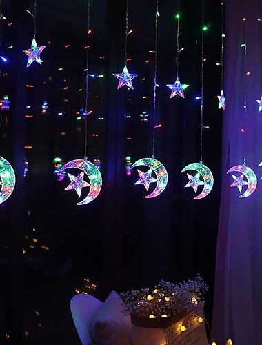  elegante Lichterkette für Hochzeitsfeiern, Ramadan, Eid – 12 Mond-Lichter&amp;Stern, 2,5m LED-Vorhanglampe, Hochzeit&amp;Festdekoration, Neonlaternen-Lichterketten für den Eid al-Fitr-Feiertag