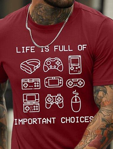  Heren Korte Mouwen Retro Gaming Grafisch T-Shirt Leven Is Vol Belangrijke Keuzes