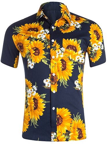  בגדי ריקוד גברים תאורת במה צבעונית פרח צמחים טרופיים חולצת קיץ חולצה קז'ואל חולצת חוף שרוולים קצרים חולצה דש הוואי מסוגנן יום יומי חופשה חגים לבוש יומיומי שחור לבן כחול כהה S M L