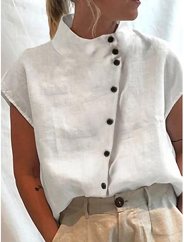  Γυναικεία Πουκάμισο Μπλούζα Μπλουζάκι με ζιβάγκο Σκέτο Κουμπί Causal Κομψό Μοντέρνα Βασικό Κοντομάνικο Όρθιος γιακάς Λευκό
