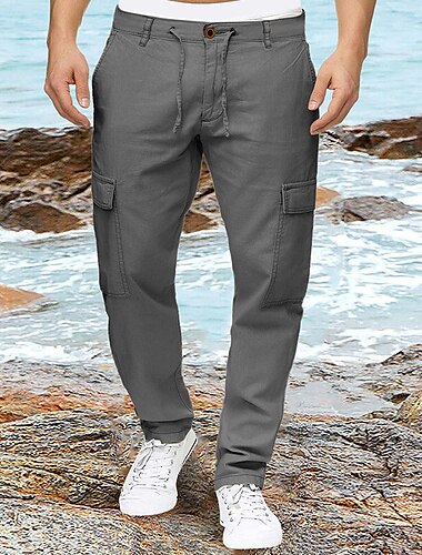  Homens Calças de linho Calças Calça verão Bolso multi Tecido Conforto Respirável Ao ar livre Diário Para Noite Misto de Algodão e Linho Moda Roupa de rua Verde Cáqui