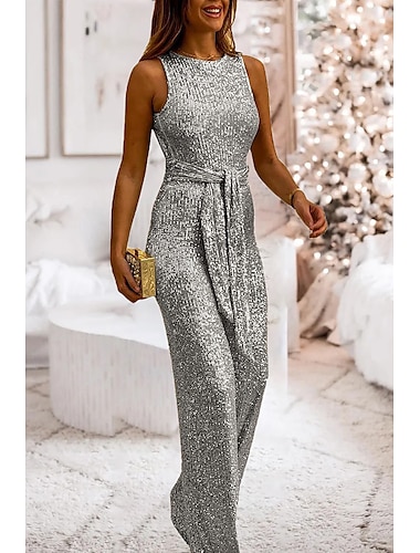  Women's Jumpsuit Backless Sequin Solid Color Crew Neck Elegant Wedding Party Regular Fit Sleeveless Silver Gold S M L Summer
