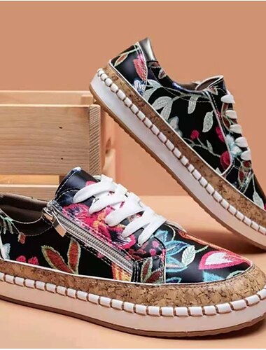  Damen-Sneaker aus Canvas mit Blumenmuster, Korkbesatz und Nähten, lässige Schnürschuhe im Boho-Stil für Frühlingsoutfits, Spaziergänge und Wochenendreisen