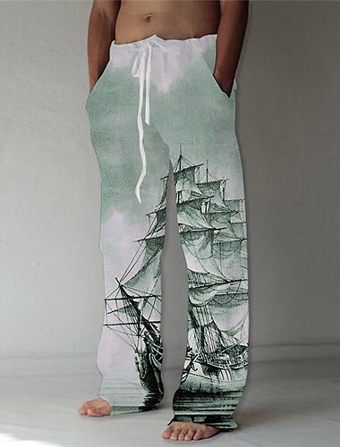  Herren Hose Hosen Sommerhosen Strandhose Kordelzug Elastische Taille Gerade geschnitten Grafik-Drucke Schiff Komfort Casual Täglich Festtage Baumwollmischung Strassenmode Hawaiianisch Blau Grün