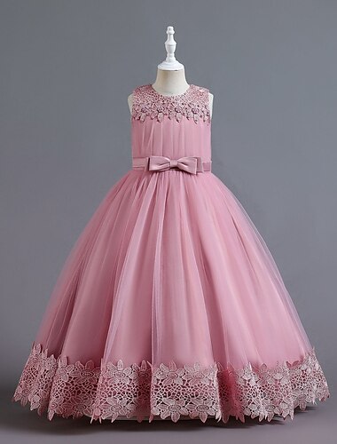  Prinzessin Boden-Länge Blumenmädchenkleid Mädchen Süßes Ballkleid Spitze mit Blütenblätter Königlicher Stil Fit 3-16 Jahre
