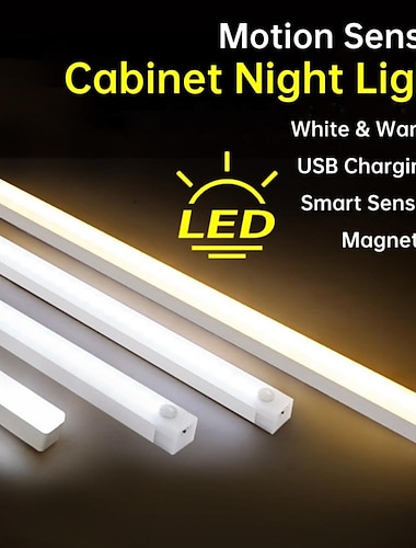  LED Night Light PIR Motion Sensor USB Rechargeable 10/20/30/50cm Closet Kitchen Cabinet Corridor Stair Lights Wireless Night Lamp