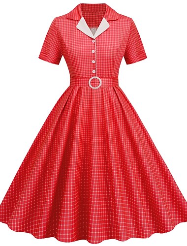  Retro Antiguo 1950s Rockabilly Hasta la Rodilla Vestido swing Vestido acampanado Vestido camisero Con cinturón Plaid Mujer Carnaval Mascarada Fiesta de Té Casual Diario Fiesta temática retro Adulto