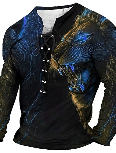  Herren T Shirt Grafik Tiermotiv Löwe Kragen Bekleidung 3D-Druck Täglich Ausgehen Langarm Schnürung Druck Polyester Mode Designer Bequem