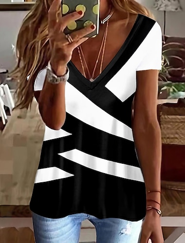  Damen T Shirt Spitzenreiter ausgehen Farbblock Tuniken Basic Kurzarm V Ausschnitt Normale Oberteile Täglich Wochenende Bedruckt Schwarz