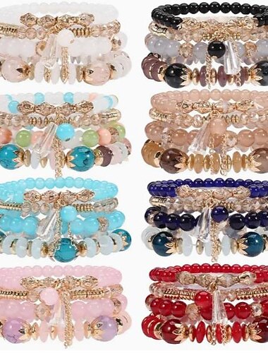  Pulsera bohemia para mujer, borla de aleación de ágata de imitación, conjunto de pulsera de esmalte de cristal multicolor, joyería europea y americana de moda