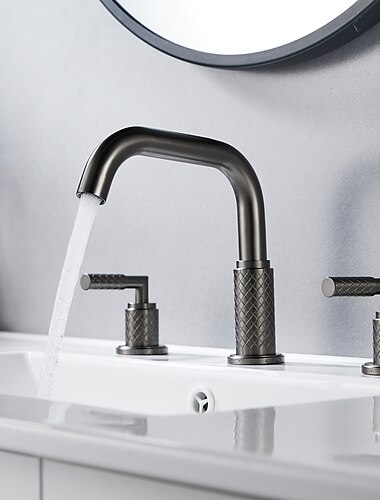  weit verbreitete Waschbecken-Mischbatterie 360 Grad drehbar, Messing 3-Loch-2-Griff-Waschtischarmatur Deck montiert, Waschraum-Waschbecken-Wasserhahn mit heißem und kaltem Schlauch
