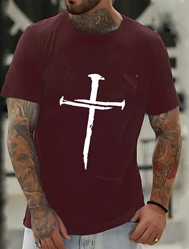  Heren Zwart Korte Mouwen Graphic T-Shirt - Versleten Nagel Kruis Geloof T-shirt
