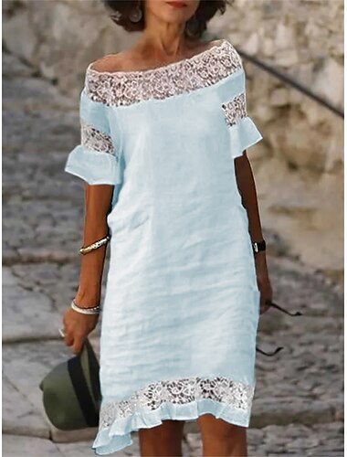  Damen Weiß Sommer Frühling Midikleid Leinen-inspirierte Kleider Freizeitkleid Shiftkleid Mode Modern Lässig Outdoor Urlaub Täglich Normale Passform Einfach Schulterfrei