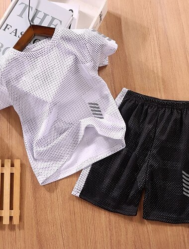  2 Stück kinderkleidung Jungen Trainingsanzüge Outfit Farbblock Kurzarm Rundhalsausschnitt Baumwolle Set Sport Sommer Frühling 7-13 Jahre Weiß Gelb Hellgrün