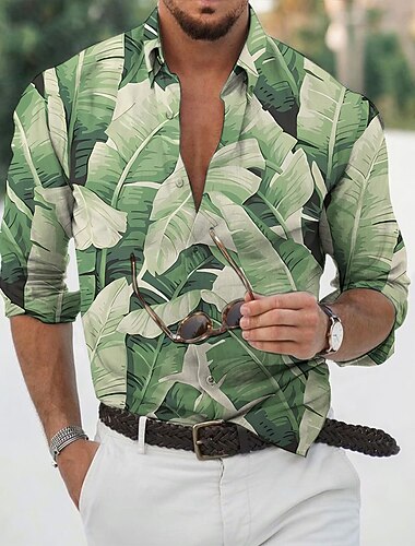  Hombre Hojas Plantas tropicales Camisa camisa hawaiana Manga Larga Camisa Cuello Vuelto Moda Design Casual Diario Vacaciones Festivos Verde Claro Rosa Verde Oscuro Impresión 3D S M L
