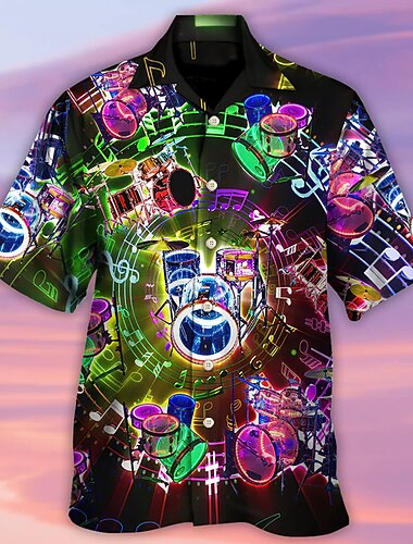  Voor heren Trommel Overhemd Hawaiiaans overhemd Overhemd met knopen Korte mouw Tropisch Modieus Hawaii Casual Strand Hawaii Zomer Lente Strijkijzer Afdrukken Button-omlaag Zwart Paars Groen