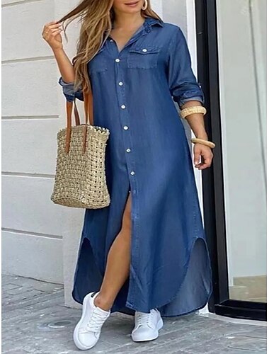  Vestido de mezclilla curvo de talla grande para mujer, vestido casual, vestido de cambio, vestido largo de color sólido, vestido largo, manga 3/4, botón, cuello en v, moda diaria, azul, verano,