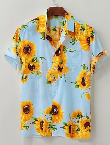  Miesten Sunflower-valoefekti Paita Button Up paita Lyhythihainen Katutyyli Suunnittelija Vapaa-aika Kausaliteetti Päivittäin ulko- Kesä Sänkyjen avaus Painike alas Sininen Vaalean keltainen Keltainen