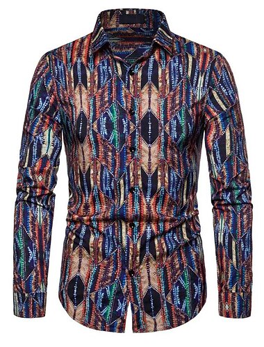  رجالي 3D طباعة نموذج هندسي قميص زر حتى القميص كم طويل عتيق مصمم رجعي فضفاض الأماكن المفتوحة مناسب للعطلات خريف & شتاء طوي طباعة زر أسفل أزرق أسود أبيض أخضر فاتح أسود-أحمر