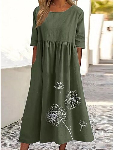  Damen Armeegrün Schwarz Rosa Sommer Frühling Herbst Maxikleid Baumwoll-Leinen-Kleider Freizeitkleid Tunika-Kleid Basic Lässig Reifen Outdoor Urlaub Täglich Lässiger Schnitt Löwenzahn