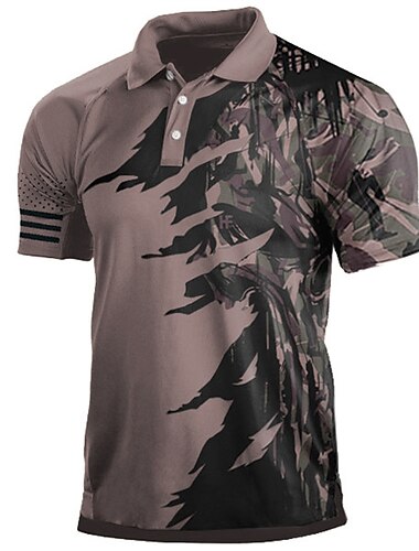  Herren Tarnung Poloshirts Golfshirt Kurzarm Polo-Shirts Hemden mit Kragen Lässig Streetwear Urlaubskleidung Knöpfe 3D-Druck Wein Leicht Braun Blau