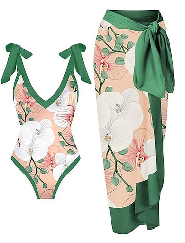  2 pcs Купальники Накидка Swimsuits Ретро В стиле 1980-х Жен. Цветочный принт Полиэстер Зеленый Юбки Цельный купальник