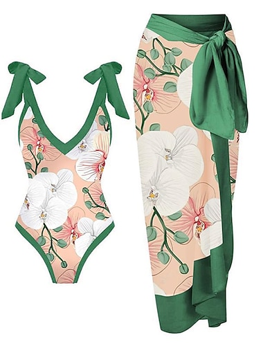  2 pcs Maillots de Bain Vêtement couvrant Maillots de bain Rétro Vintage Années 80 Femme Floral Polyester Vert Jupe Maillot de bain une pièce