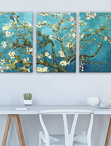  Lienzos giclée, arte de pared para decoración de pared de van gogh, pinturas de flor de almendro modernas, 3 piezas estiradas y enmarcadas, flores abstractas, obras de arte, decoraciones para el hogar