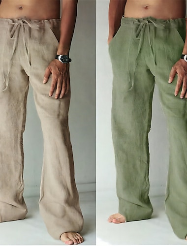  Homens Calças de linho Calças Calça verão Calças de praia Bolsos Com Cordão Cintura elástica Tecido Diário Streetwear Moda Casual Preto Branco