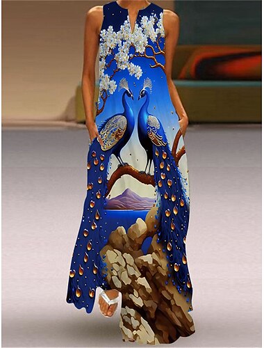  Damen kleid lang Casual kleid Kleid drucken Blumen Pfau Fische Strassenmode Brautkleider schlicht Outdoor Urlaub Ausgehen Tasche Bedruckt Ärmellos V Ausschnitt Kleid Regular Fit Gelb Königliches Blau