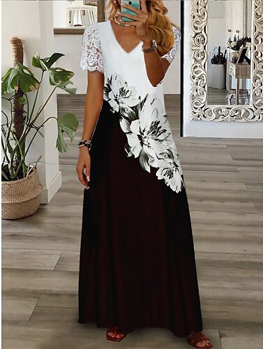  Damen Freizeitkleid Blumen Kontrast Spitze Spitze V-Ausschnitt Maxi Langes Kleid Alltag Urlaub Kurzarm Sommer Frühling
