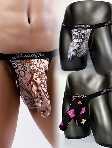  Men's 3 Pack G-string Underwear String Print Polyester Spandex Leopard Plant Low Waist Black White