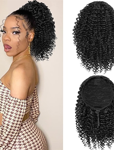  Extensión de cola de caballo rizada corta para mujeres negras Cola de caballo rizada con cordón negro natural de 10 pulgadas con dos clips Cola de caballo afro sintética con cordón para mujeres negras