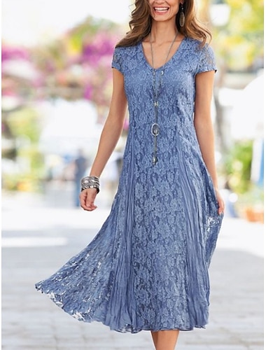  Платье-футляр синего цвета для матери невесты, свадебное платье для гостя, элегантное вечерние, миниатюрное, с v-образным вырезом, длиной до чая, кружевное, с короткими рукавами, со складками, однотонное, 2024