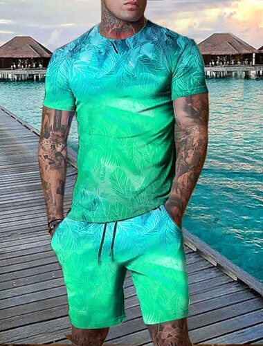  Herren Grafik Blatt Pflanze 2St T-Shirts-Sets Shorts und T-Shirt-Set T-Shirt-Outfits Kurzarm Rundhalsausschnitt Designer Lässig Bequem Outdoor Urlaub Täglich 3D-Druck 2 teilig Frühling & Sommer Blau