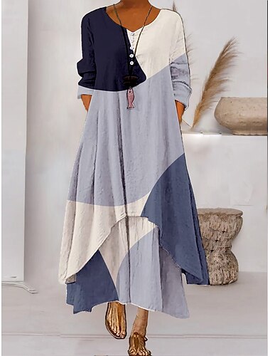  Damen Farbblock langes Maxikleid geknöpft geschichtet Freizeitkleid Swingkleid Druckkleid Mode modern täglich Urlaub Wochenende 3/4 Ärmel Rundhalskleid lockere Passform silber schwarz weiß