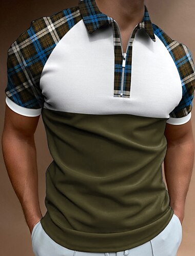  Homme Tee Shirt Golf Polo Entreprise Casual Quarter Zip Manche Courte Mode Décontractées Plaid Bloc de couleur Zippé Eté Printemps Standard Bleu Vert foncé Vert Tee Shirt Golf