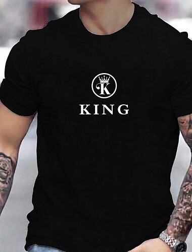  男性用 プラスサイズ ビッグトール Tシャツ クラウン＆レターグラフィックTシャツ クルーネック ブラック ホワイト ルビーレッド 半袖 アウトドア お出かけ プリント レタード 衣類 コットン混 スタイリッシュ カジュアル トップス