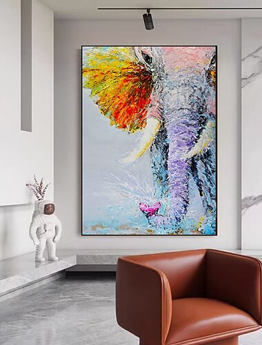  Handgefertigtes Ölgemälde auf Leinwand, Wandkunst, Dekoration, modernes Tier, bunter Elefant, für Wohnzimmer, Wohnkultur, gerollt, rahmenlos, ungedehnt