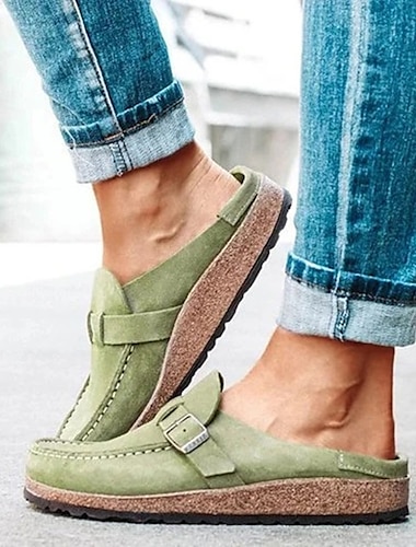  Damen-Slipper aus Wildlederimitat – lässiger, bequemer Flat mit Schnallendetail und gepolsterter Korksohle für den Alltag