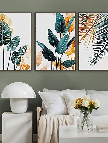  Impresiones en lienzo, arte de pared, diseño original, enmarcado, plantas tropicales, imágenes minimalistas, pintura de acuarela, hoja verde de palm monstera para sala de estar, oficina, dormitorio,